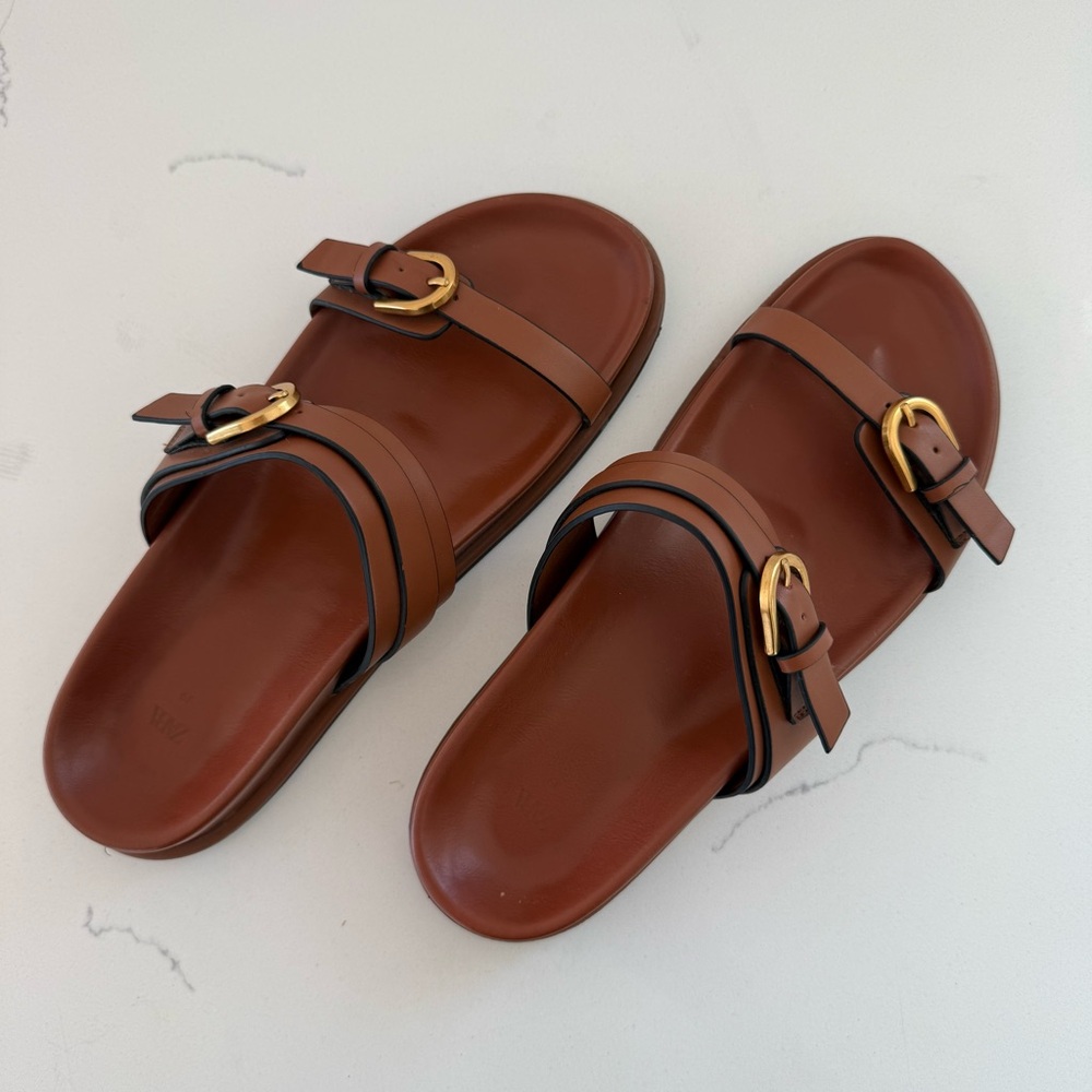Zara Brown Leather Slide Sandals with Gold Buckles